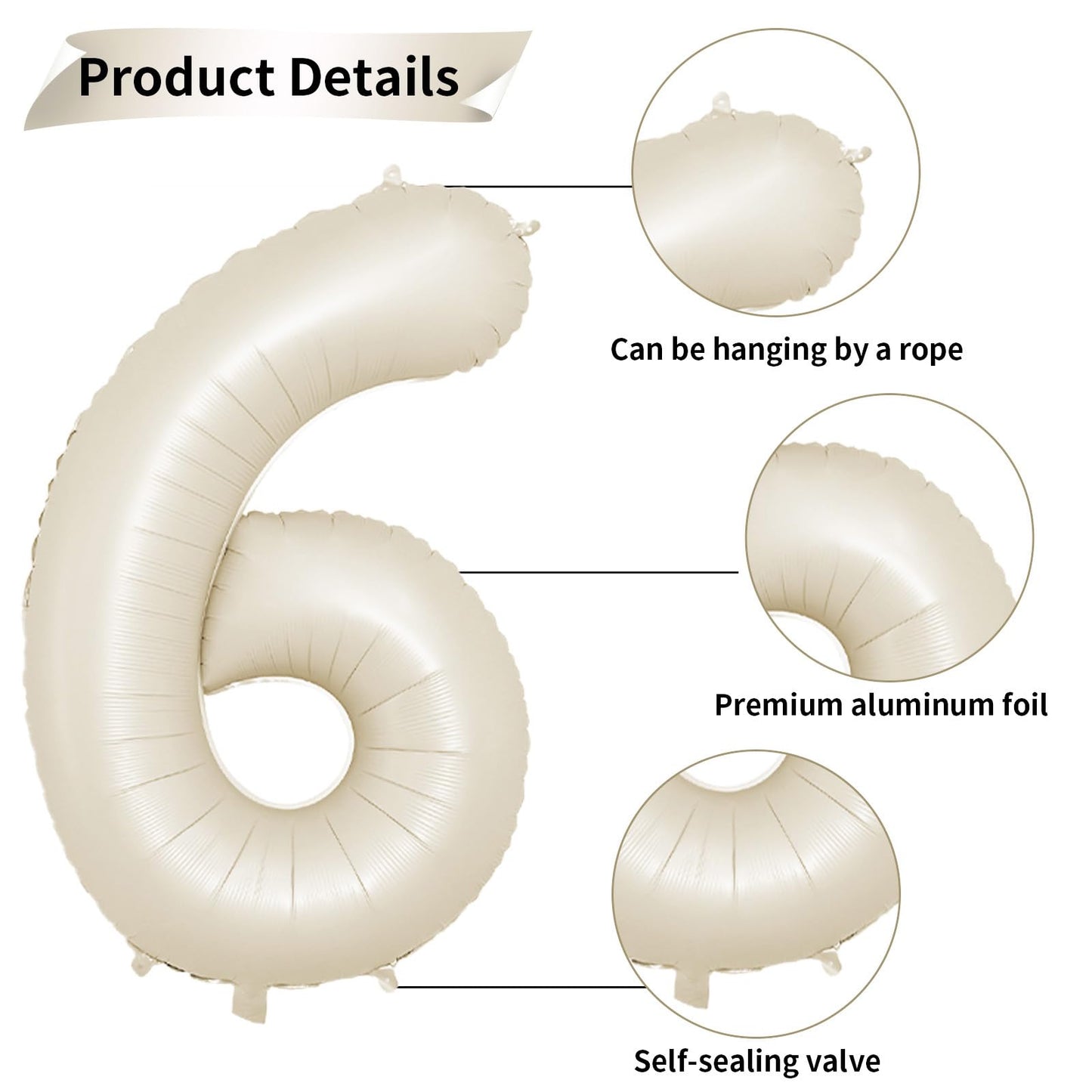 40 Inch Cream Number 6 Balloon, Beige Large 6Th Birthday Balloons, Digital 6 Cream White Giant 6 Foil Balloon Helium For Boys Gi