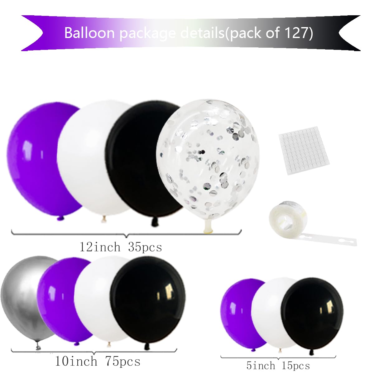 Purple Black Balloon Arch Garland Kit, 127 Purple Black White Balloons Metallic Silver Confetti Balloons For Birthday Wedding Gr