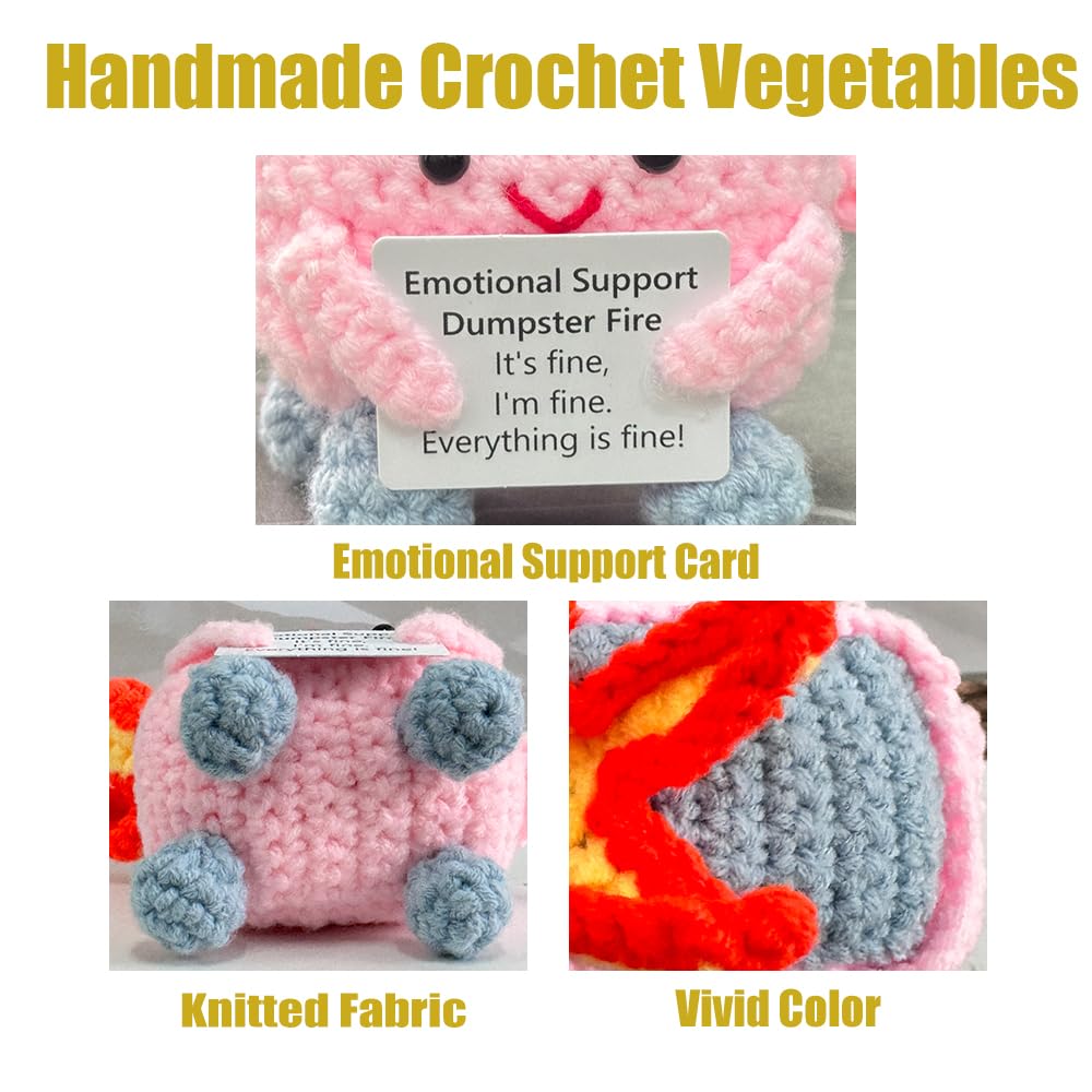 Emotional Support Crochet Dumpster Fire With Positive Card Cute Room Decor Knitted Toys Funny Crochet Support Buddies Gifts For