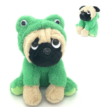 Pug Stuffed Animal Dressed Up As A Frog, Plush Dog Soft Toy Wearing Costume Cloth, Cute Fluffy Froggy Plushie Puppy, For Kids, Thanksgiving, Nursery Decoration, Party Suppliers