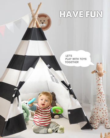 Teepee Tent For Kids, Xiaowantong Kids Teepee Tent With Lights, Carry Bag, Natural Cotton Canvas Toddler Play Tent Indoor, Washable Foldable Teepee Tent For Girls & Boys Outdoor (Stripe Black)