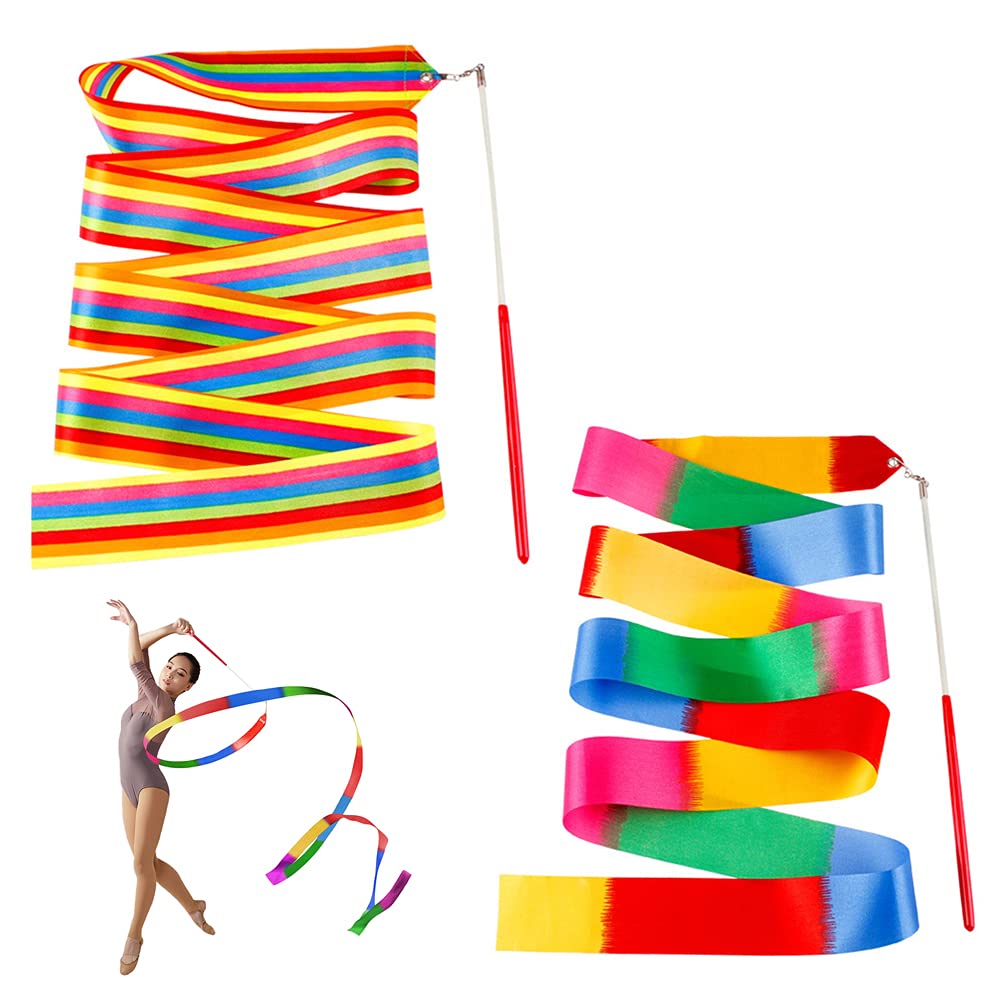 Yijunmca 2pcs Streamers Sticks Ribbon Streamers Gym Ribbons Dance Rainbow Ribbon Rhythm Ribbon Rhythmic Gymnastics Ribbons Twirl