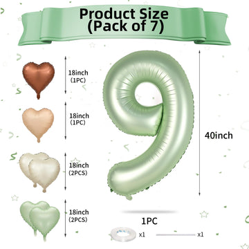 Biapian 40 Inch Sage Green Number 9 Balloons, Gaint Number 9 Balloon With 18'' Retro Foil Heart Balloons Helium For Neutral Boys