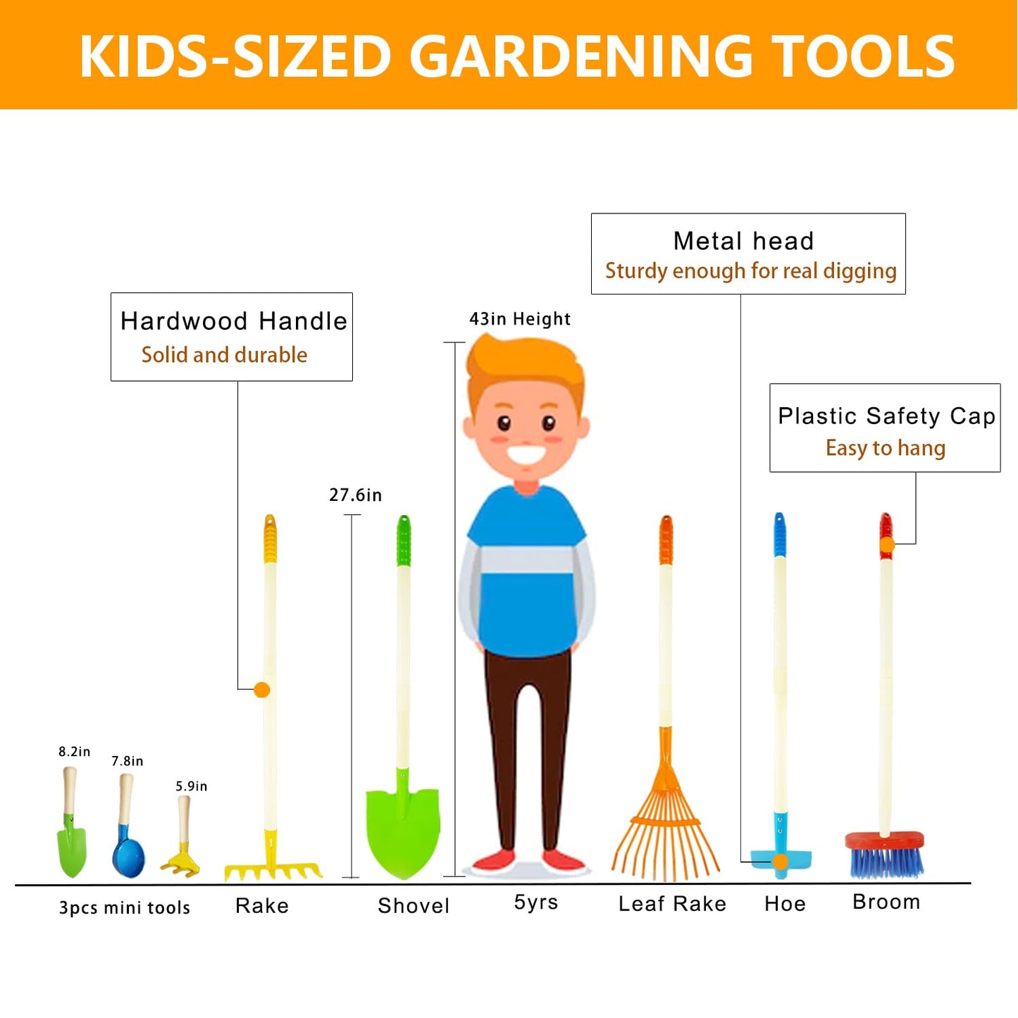 Pomiku 8Pcs Kids Gardening Tools, Kids Rake And Shovel Set, Toddler Outdoor Yard Tools, Garden Toys Gifts For Boys Girls Age 3 4