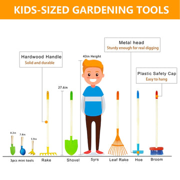 Pomiku 8Pcs Kids Gardening Tools, Kids Rake And Shovel Set, Toddler Outdoor Yard Tools, Garden Toys Gifts For Boys Girls Age 3 4