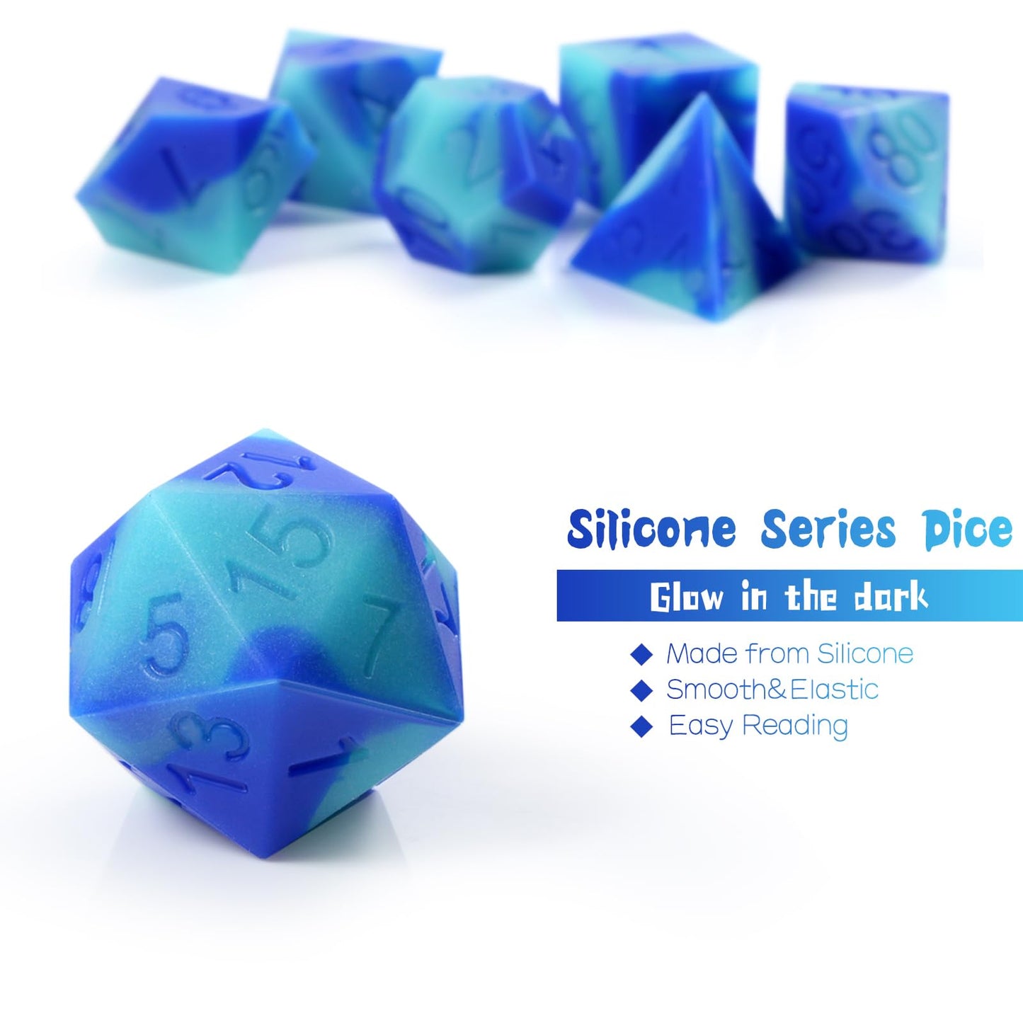 Silicone Glow in The Dark DND Dice, DNDND 7PCS Silicone Rubber D&D Dice Set with Clear Plastic Display Case for DND Role Playing