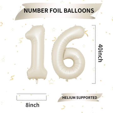 Biapian 40 Inch Cream Number 16 Balloon, 16Th Birthday Balloons, Big Digital 16 Or 61 Beige White Giant 16 Foil Balloon Helium F