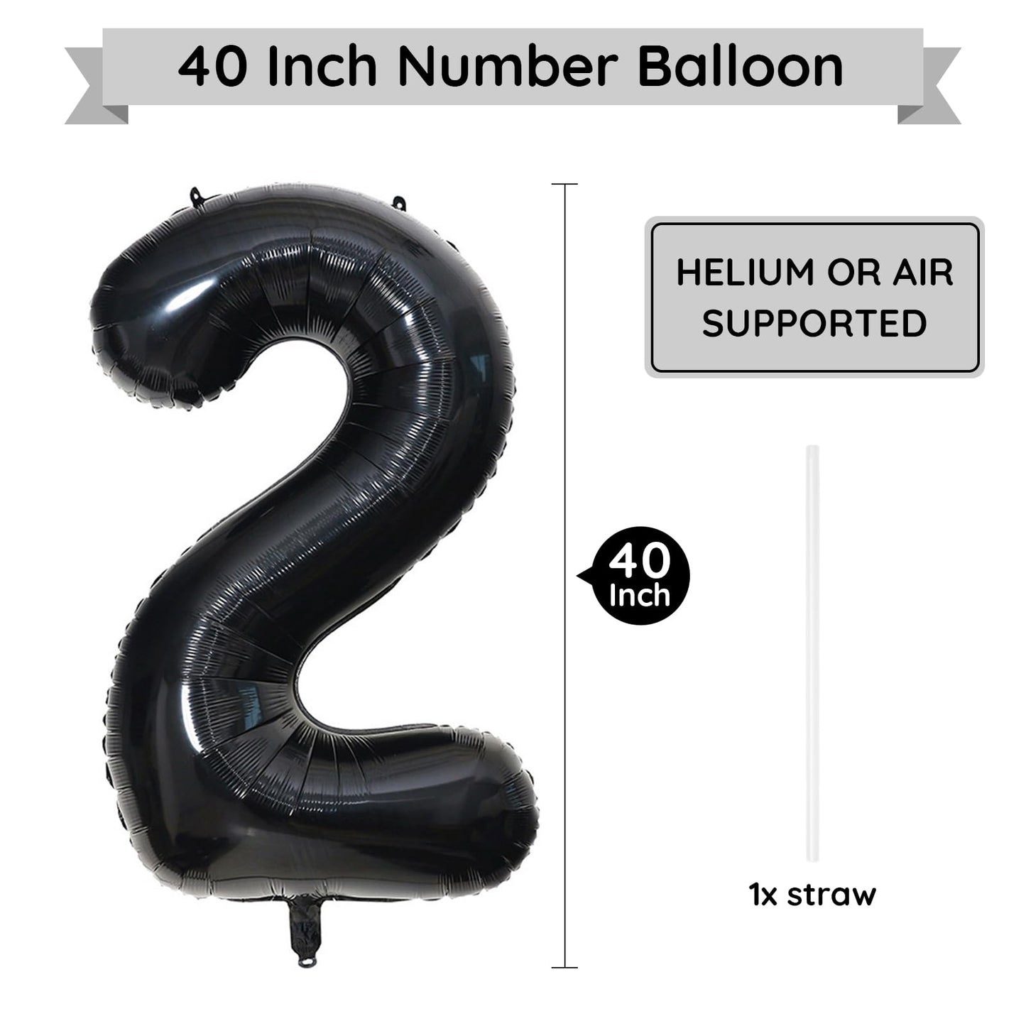 Paticool 40 Inch Black Number Balloon 2, Large Number Foil Balloons Mylar For Girl Boy Birthday Party Celebration Decorations Su