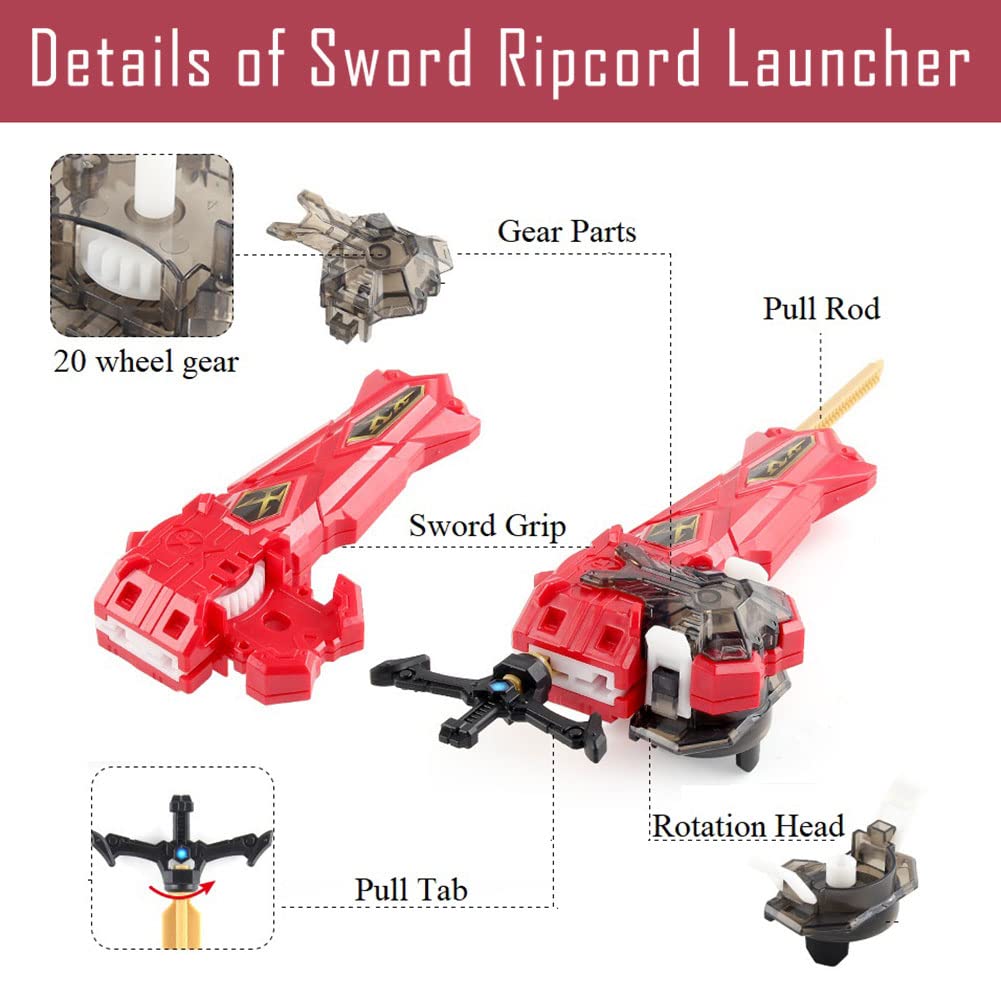 Bey Battling Launcher Set  B-200 Xiphoid Xcalibur Xanthus Burst Bey  Left and Right Spin decorative replica blade Ripcord Launcher Compatible with All Bey Burst Series - Red