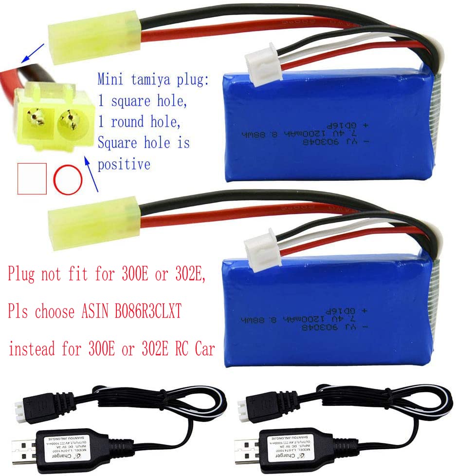 Blomiky 2 Pack 7.4V 1200mAh 8.88Wh Li-PO Battery and 2 USB Charger Cable Replacement for 1/18 Scale 9310 9300 9301E 9302E 9303E