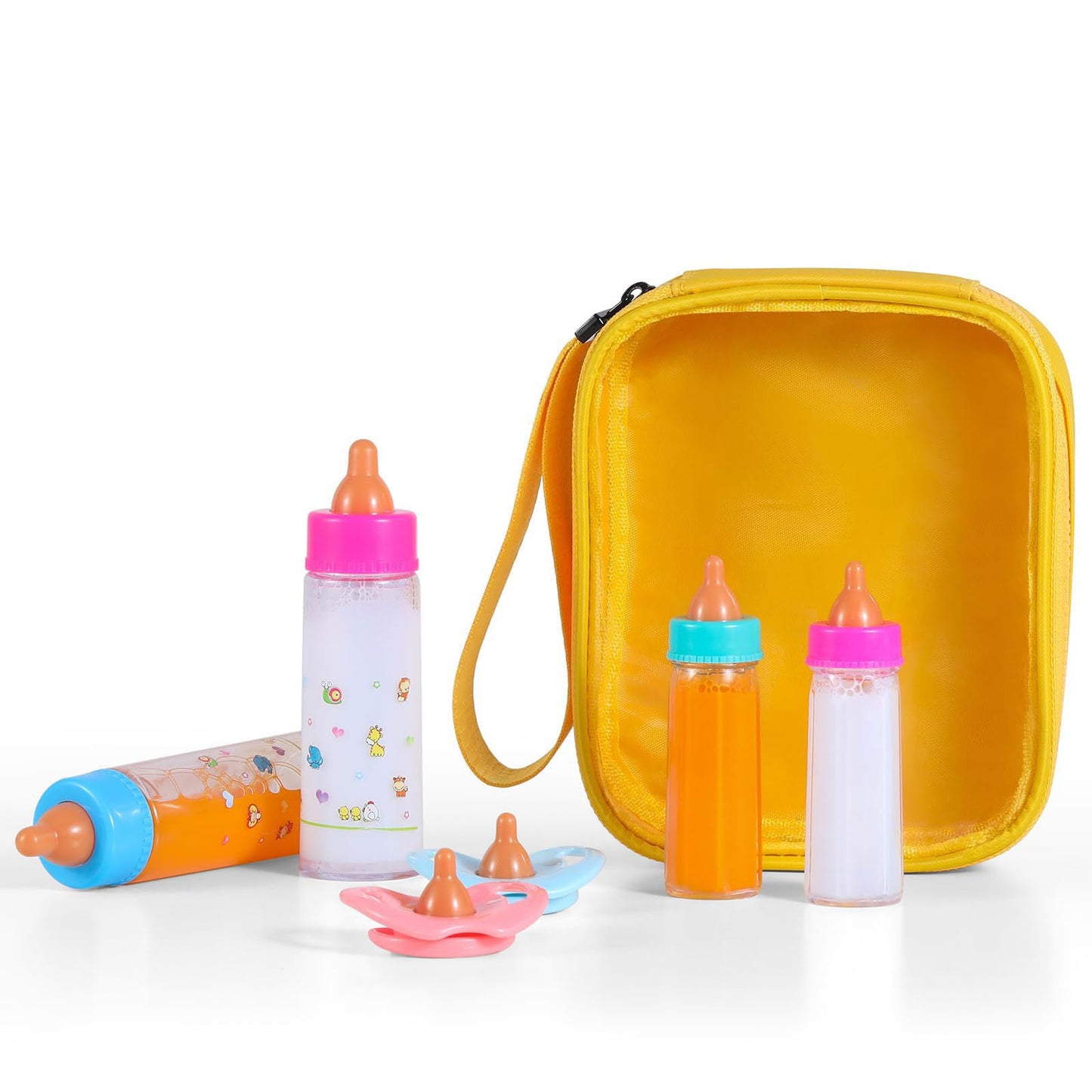 Kaydora Baby Doll Bottle Accessories - 6 Pcs Feeding Bottle Toys, Magic Disappearing Milk & Juice, Pretend Play Set With Pacifiers Kids Gift Yellow