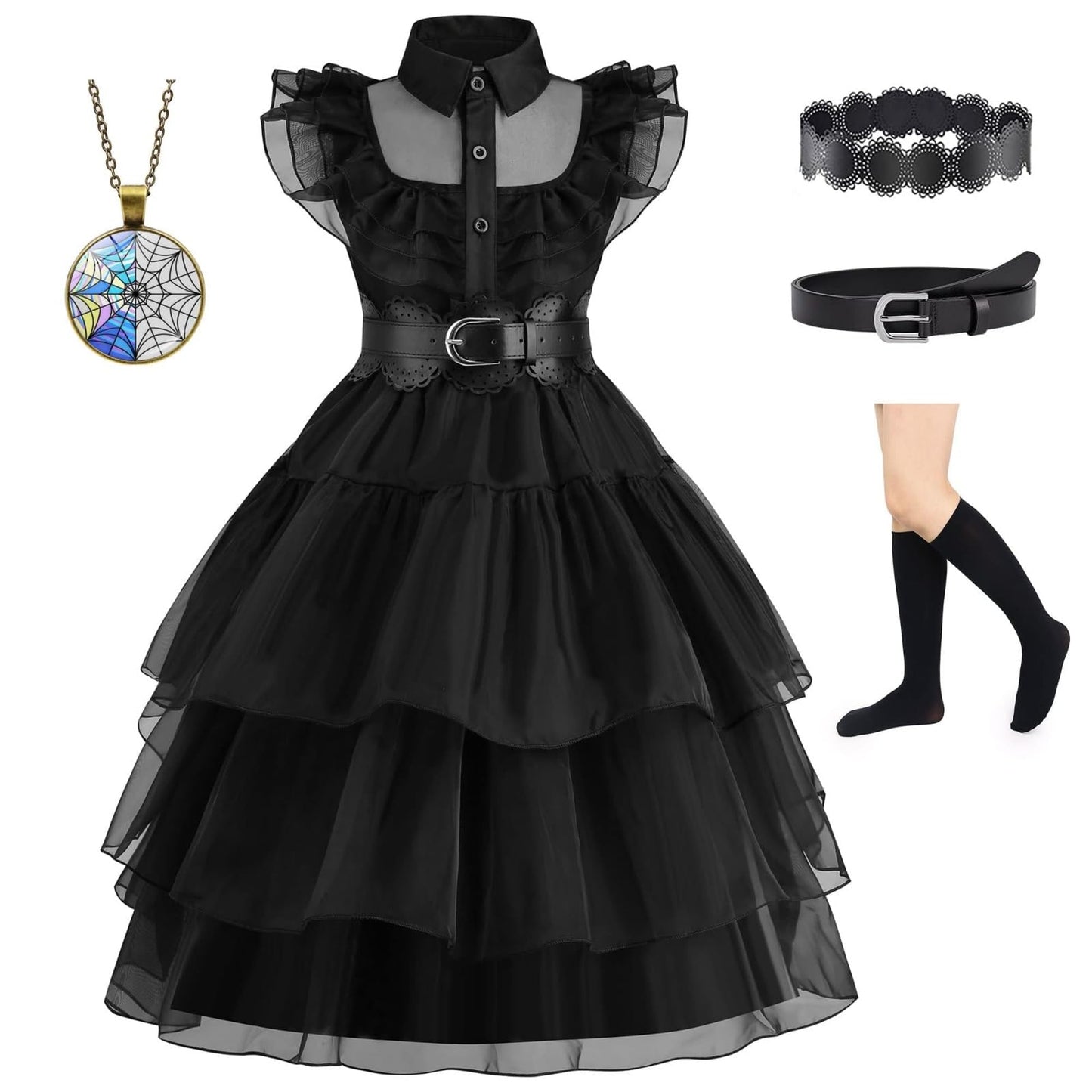 Chektin Black Costume Dress for Girls Halloween Costumes Kids Cosplay Family Birthday Party with Accessories 6-7 Years