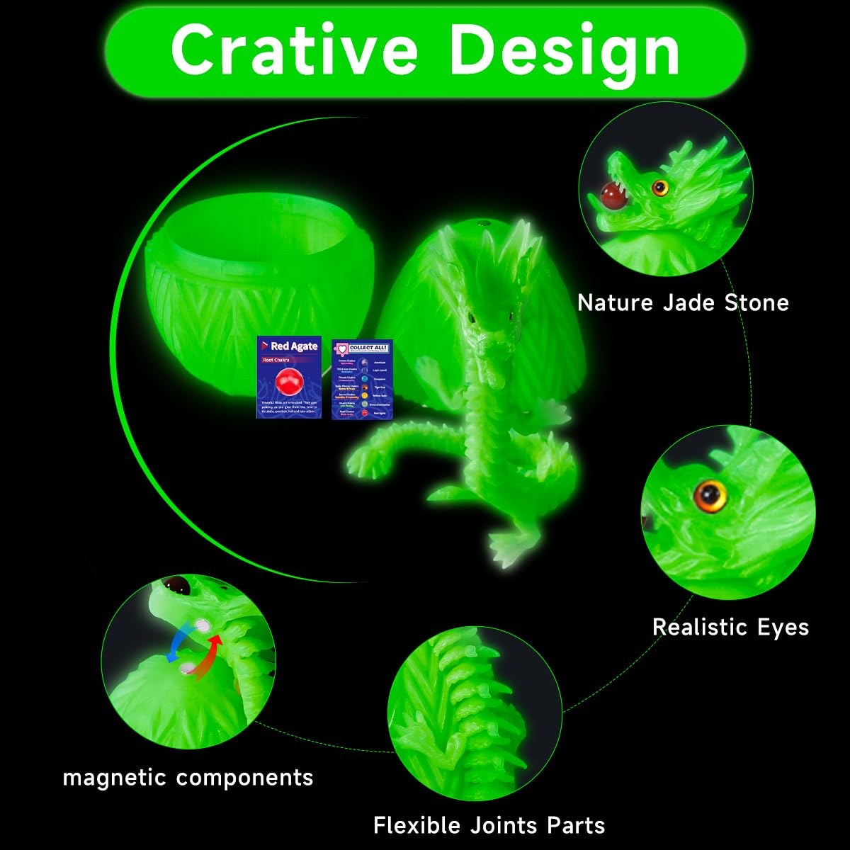 Cucue 3D Printed Dragon Egg - 3D Fidget Dragon Toy With Surprise Energy Stone Inside - Flexible Joint Parts - Unique Figurines, Desk Decorations, Stocking Stuffers, Gifts For Kids