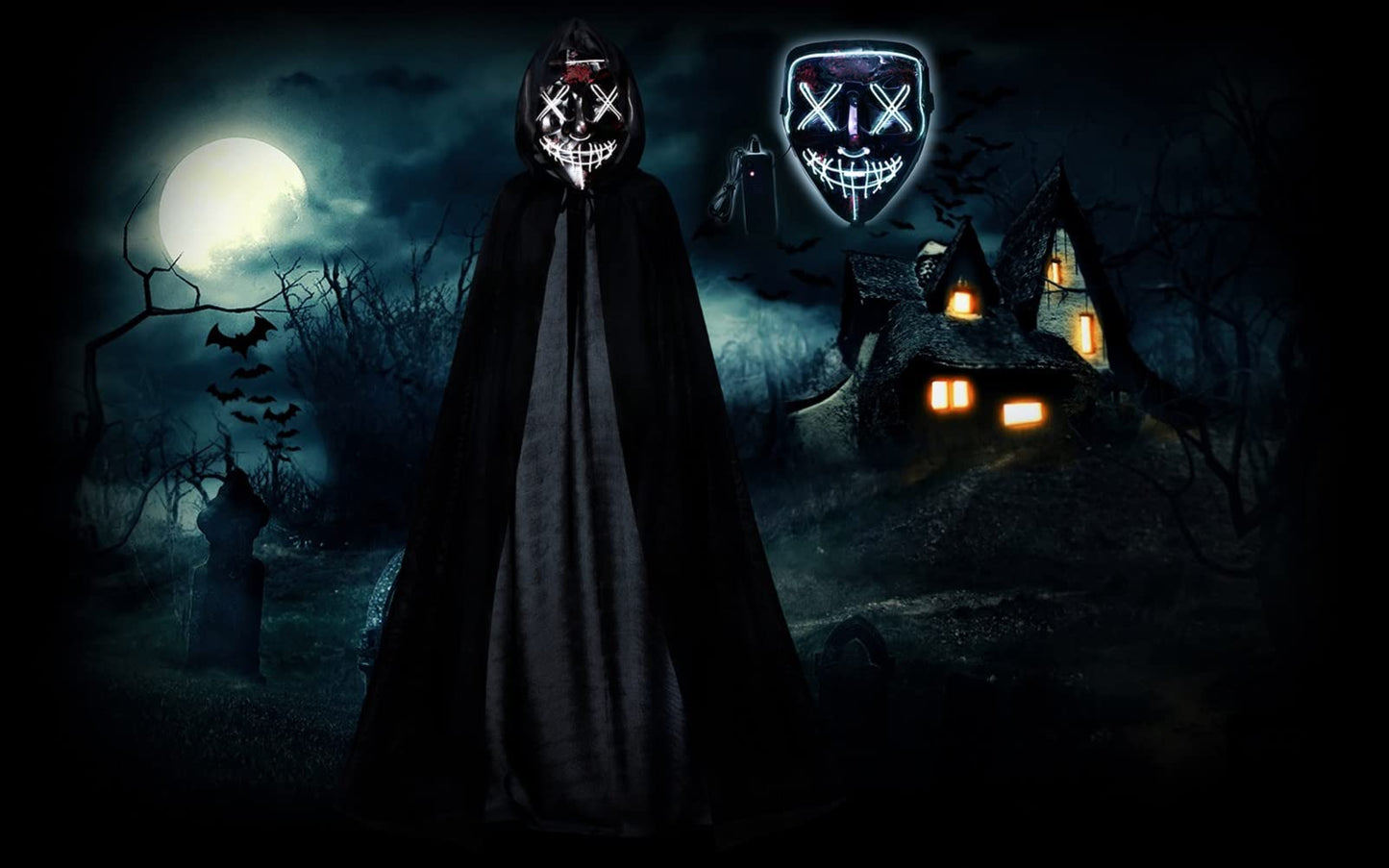 Kids Full Length Hooded Velvet Cloak Halloween Cape Costumes With White Led Light Up Scary Mask (35'/90Cm)