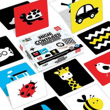 Ginimini High Contrast Flashcards For 0-12 Months - Black, White & Primary Colors For Visual Stimulation | 60 Large Pictures For