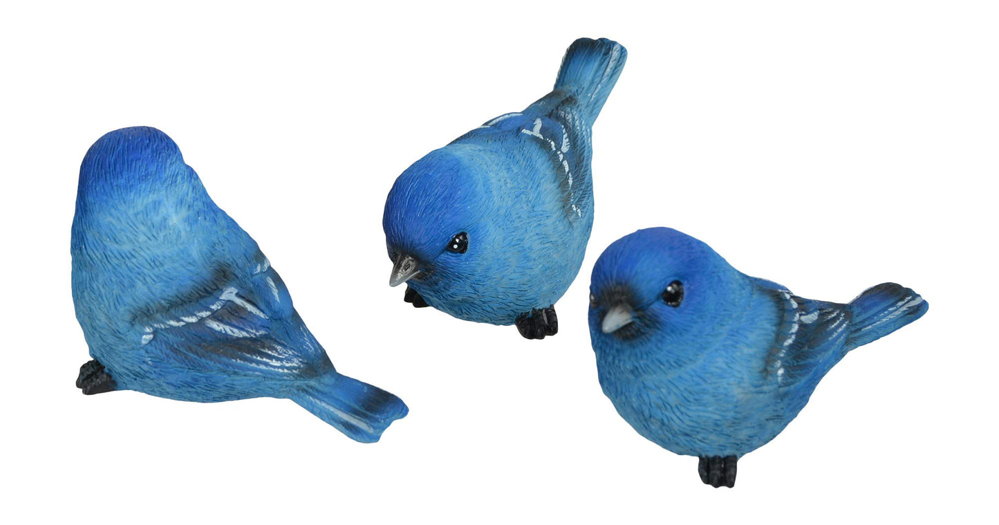 Set of 3 Bluebird Figurines, Indigo Bunting, 3 Poses, Made of Resin, 3.25  Long x 1.5 Wide x 1.75 Tall