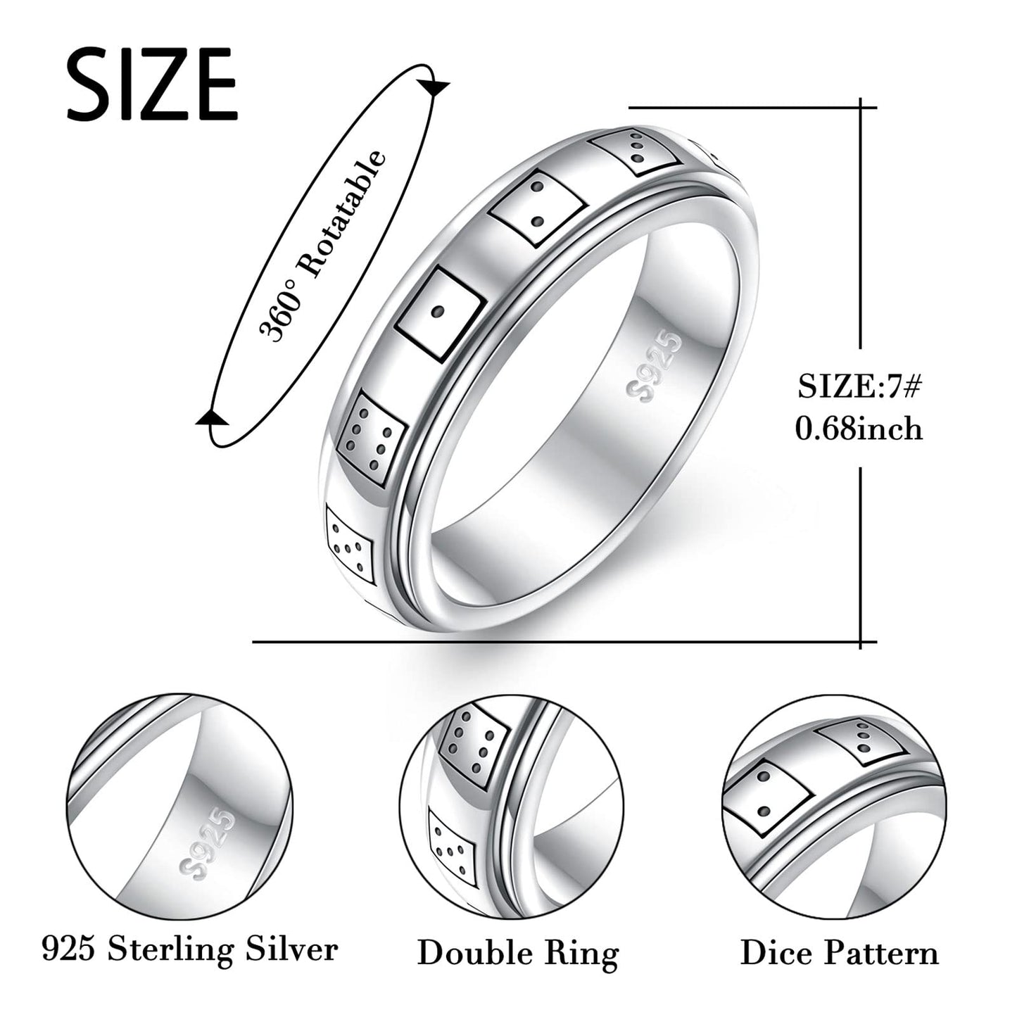 Hoohwe Spinner Rings For Anxiety,S925 Sterling Silver Fidget Anxiety Worry Relieving Boredom Adhd Autism Band Rings For Women (7
