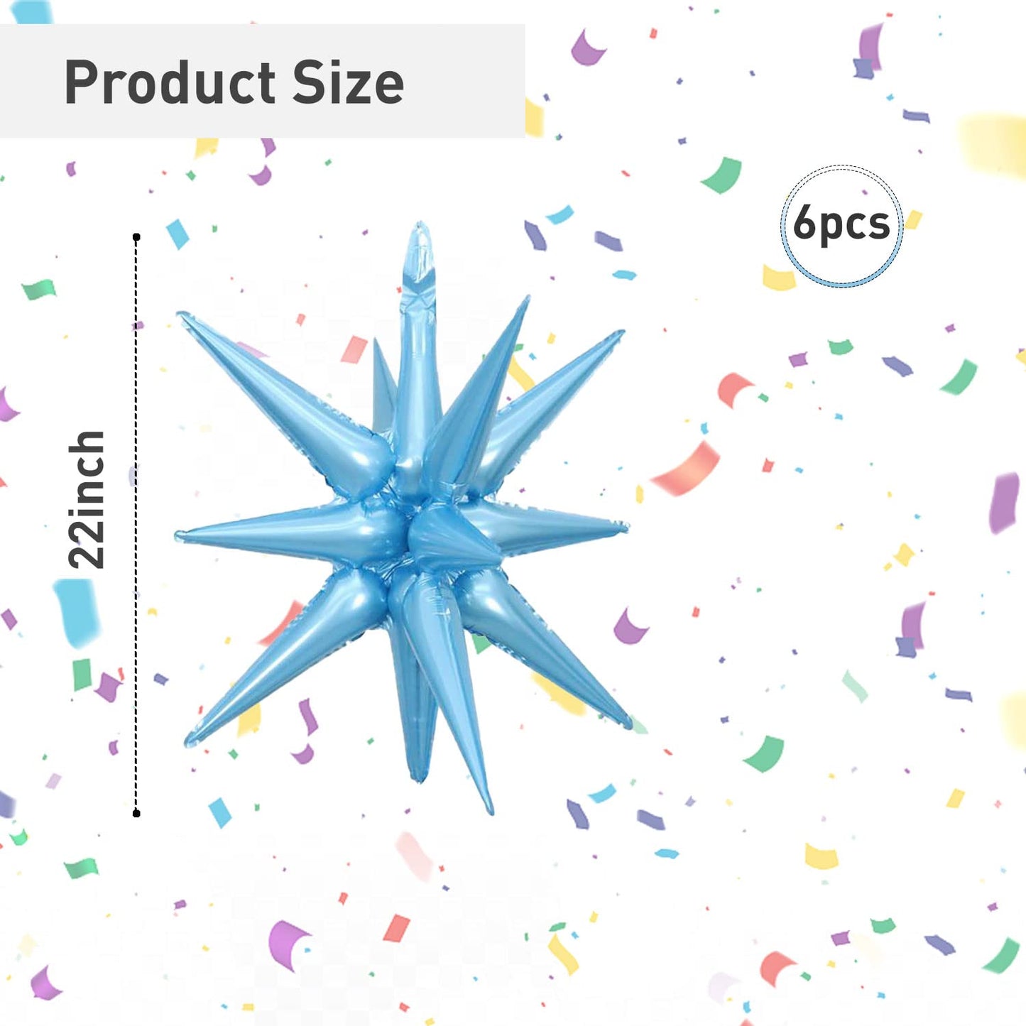 6 Pcs Light Blue Star Foil Balloons One-Piece 14-Pointed Star Balloons 4D Starburst Cone Mylar Balloons 22Inch Christmas Birthda