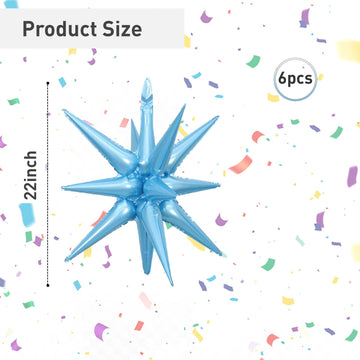 6 Pcs Light Blue Star Foil Balloons One-Piece 14-Pointed Star Balloons 4D Starburst Cone Mylar Balloons 22Inch Christmas Birthda