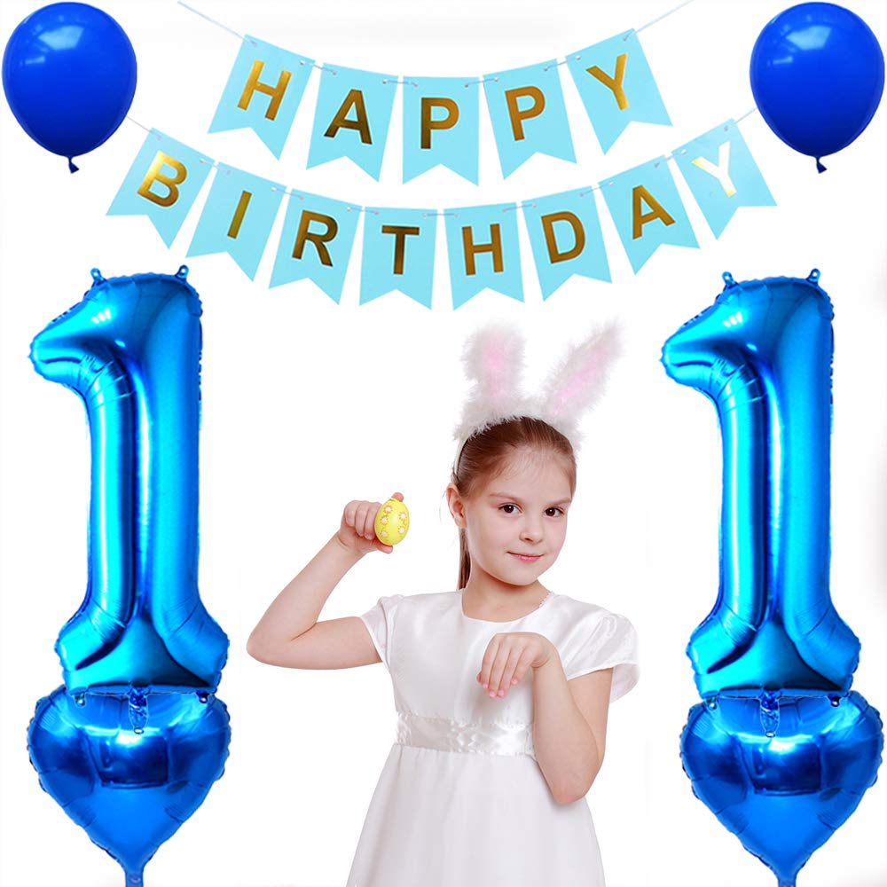 Huture 11 Birthday Party Supplies Blue Number 11 Foil Balloon Happy Birthday Banner Kit 11Th Birthday Decoration White Blue Late