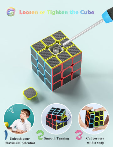 Roxenda Speed Cube Set, Speed Cube Bundle Of 2X2 3X3 4X4 Megaminx Windmill Mirror Cube And Pyramid Cube Smoothly Magic Cubes Collection For Kids & Adults [7 Pack] (Carbon Fiber)