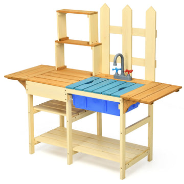 Costzon Mud Kitchen for Kids Outdoor, Wooden Pretend Play Kitchen with Removable Sink, Faucet, Storage Shelves, Mud Table, Kids