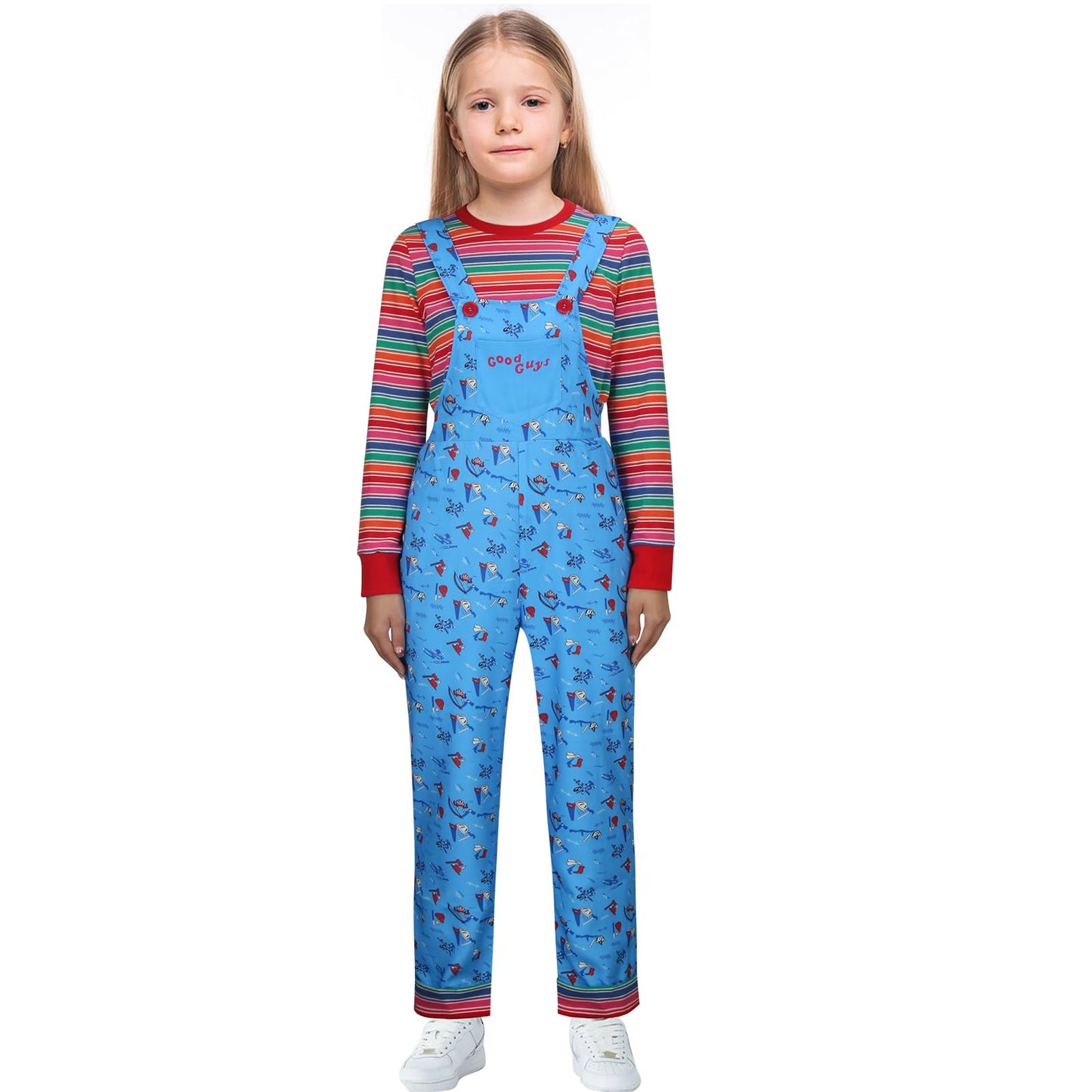 Foghorn Kids Chucky Halloween Costume Boys Girls Blue Floral Overalls Striped Top Rompers Jumpsuit Cosplay Outfit(150)