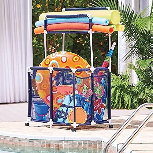 Tisyourseason Large Rolling Storage Cart With Shelves And Mesh Basket Organizes Pool Toys, Floats, Noodles, Goggles, And Accesso