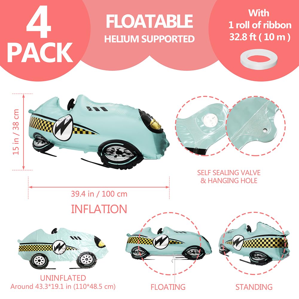 Deermon Blue Racing Balloons, Large 4 Pack Fast Speedy Roadster Themed Vehicles Sports Car for 1st Baby Shower Birthday Retro Ra