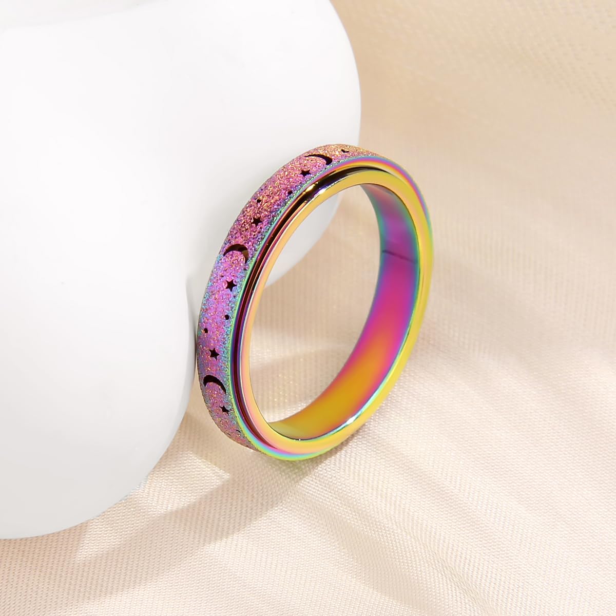 Luckyamor Fidget Anxiety Ring For Women-3Pcs 4Mm Rainbow Rose Gold Silver Moon Star Hollow Stainless Steel Spinner Rings For Anx