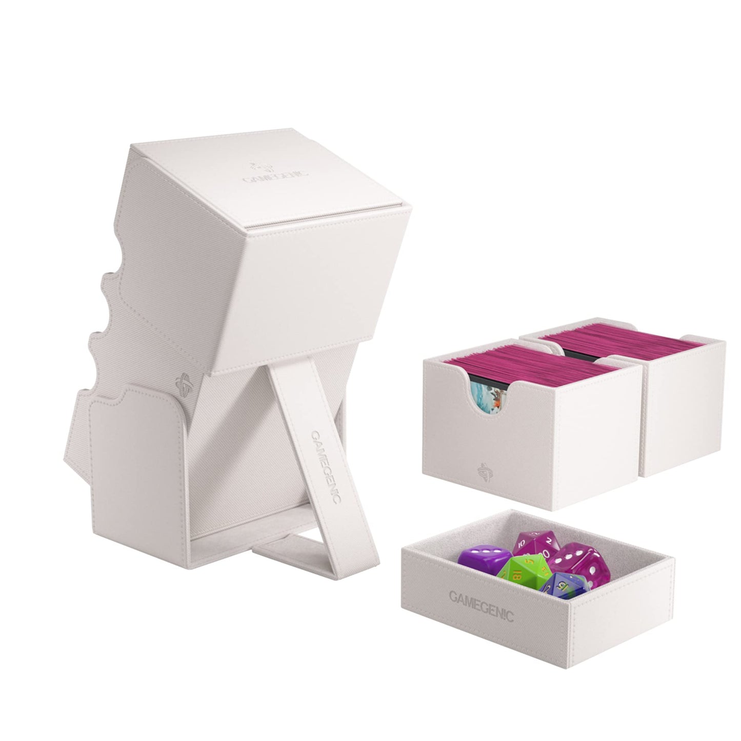 Stronghold 200+ XL Convertible Deck Box | Double-Sleeved | Card Game Protector with Accessories Drawer | Nexofyber Surface | Holds up to 200 Cards | White Color | Made by Gamegenic (GGS20122ML)