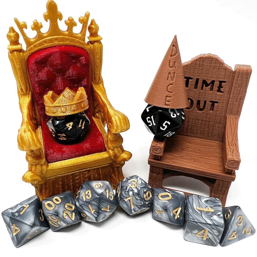 MunnyGrubbers - Dice Jail Cage - Time Out Chair & Dunce Hat - Chair of Shame - Crit Crown & Lucky Throne - (Random 7PC D20 Dice 