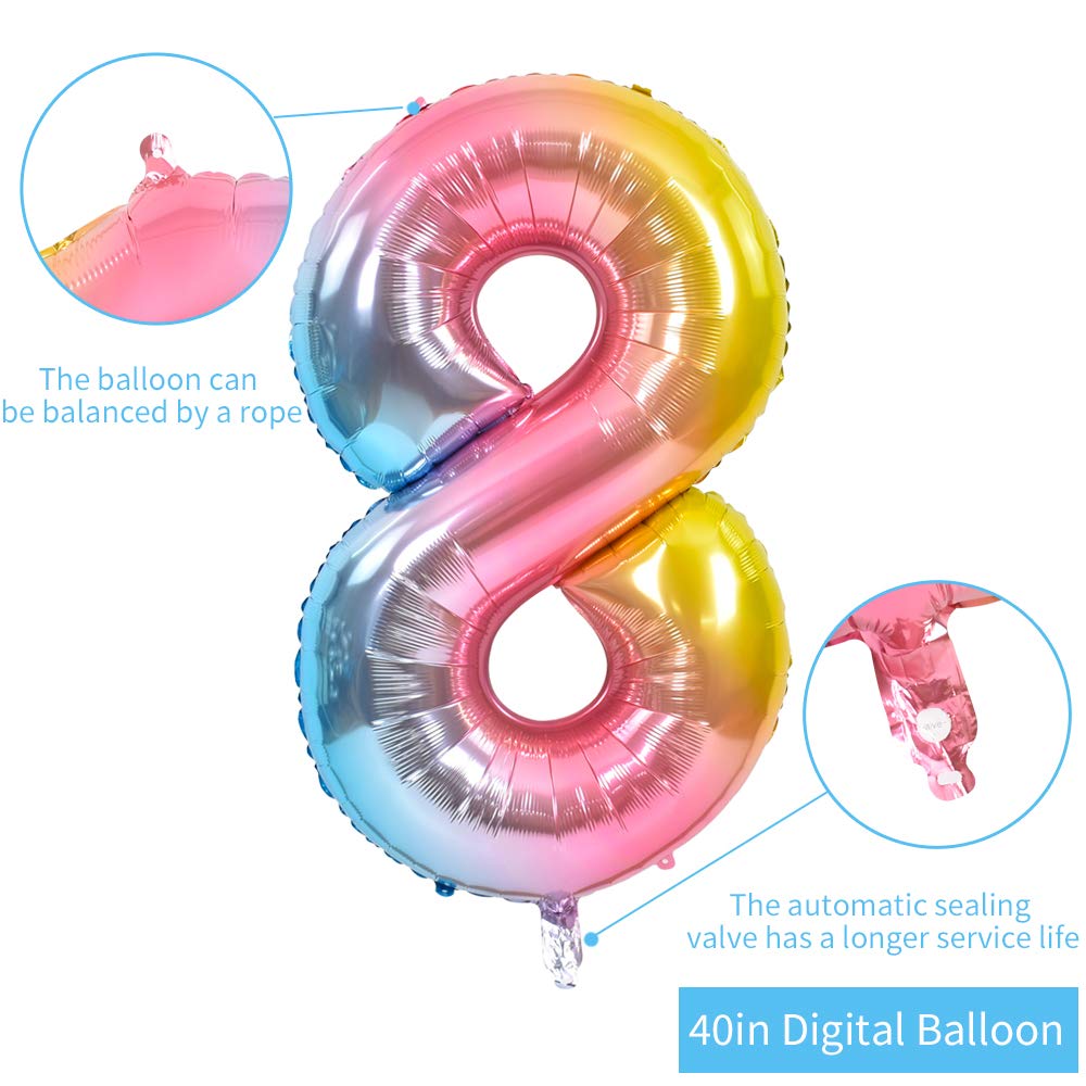 Toniful 40 Inch Rainbow Large Numbers Balloons 0-9, Number 8 Digital 8 Helium Balloons, Foil Mylar Big Number Balloons For Birth
