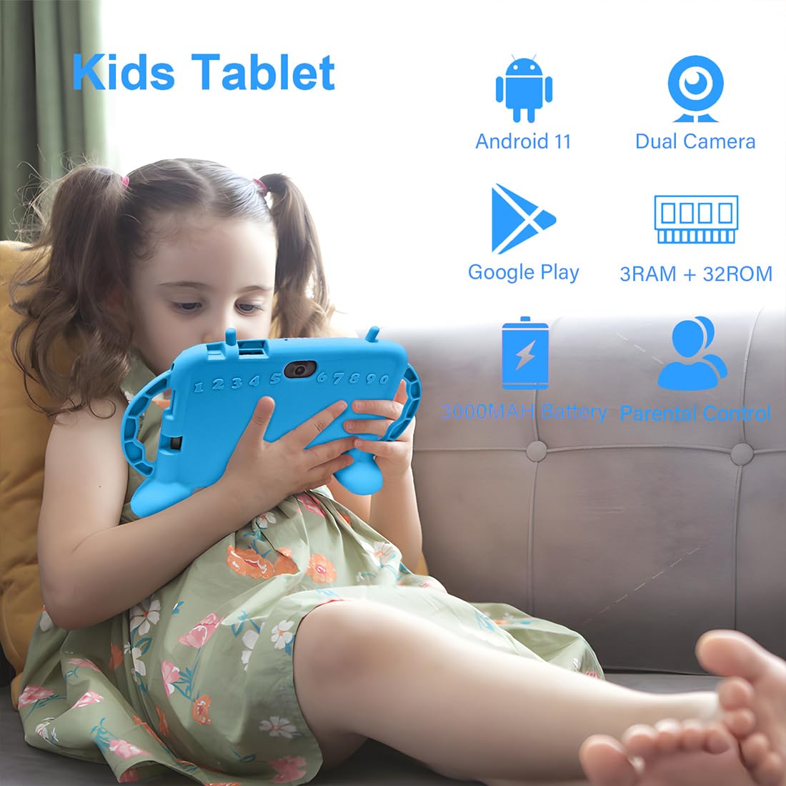 MengDash Kids Tablet - 7" Android 11 Tablet for Kids 3-10, 3GB RAM, 32GB Storage, Blue