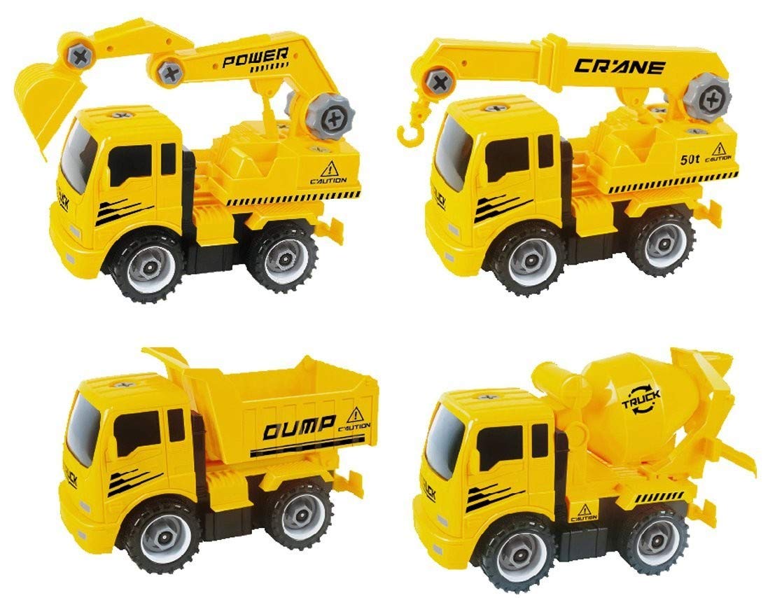 Take-A-Part Friction Powered Construction Trucks With Crane, Excavator, Mixer, Dump Truck