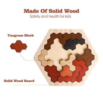 Skrtuan Wooden Hexagon Puzzle For Kid Adults, Colorful Shape Pattern Block Tangram Brain Teaser Toy Geometry Logic Iq Game Stem Montessori Educational Gift For All Ages Challenge Children