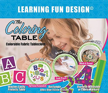 Learning Fun Design - Rectangle Tablecloth 60   X84    - Interactive Coloring Tablecloth for Kids - Poly/Cotton Fabric - Washabl