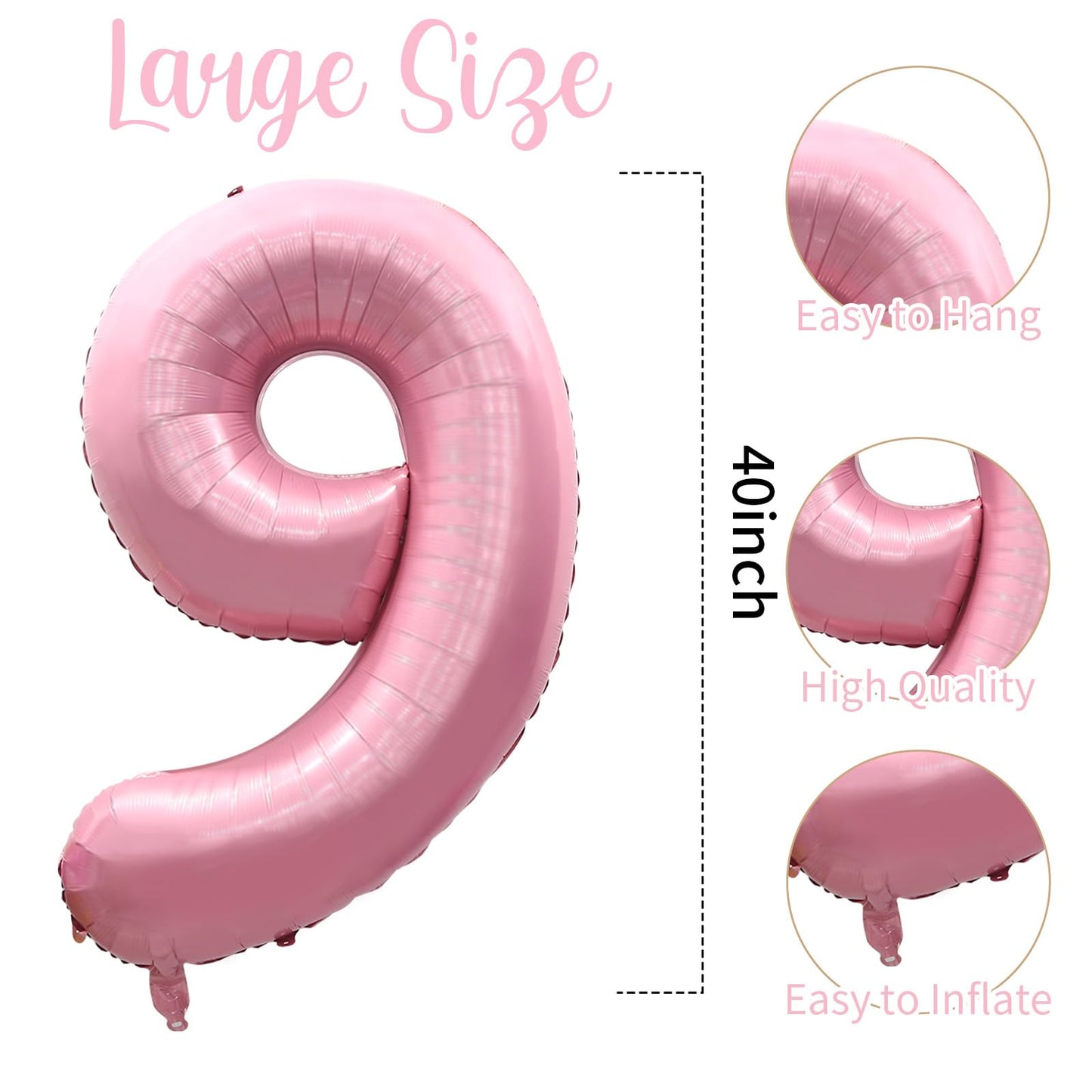 40 Inch Pink Number 9 Balloons, Large Balloon Number Foil Number Balloons, Light Pink 9th Foil Birthday Balloon for Girls 9th Bi