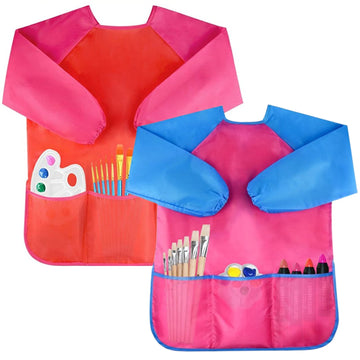 Bassion 2 Pack Kids Art Smocks Toddler Smock Waterproof Artist Painting Aprons Long Sleeve With 3 Pockets For Age 2-6 Years(Blue