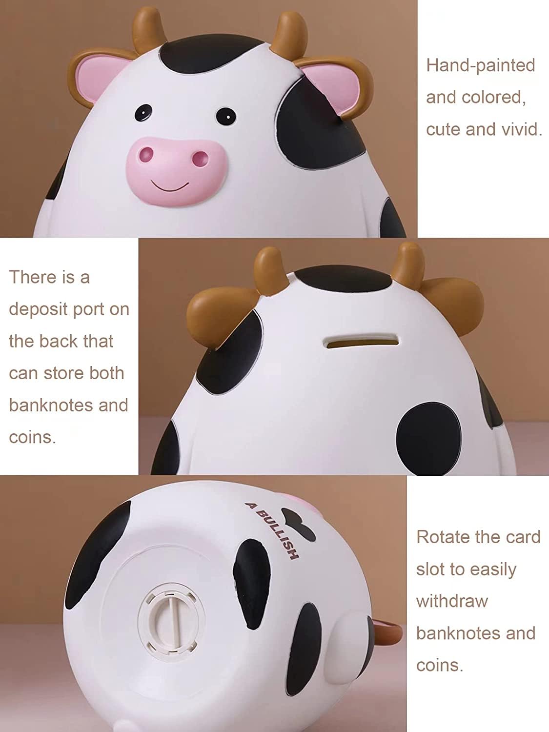 H&W Cow Piggy Bank, M Size, Unbreakable Coin Box For Kids, Cute Animal Money Bank Birthday For Boys Girls,Coin Saving Boxes (White)