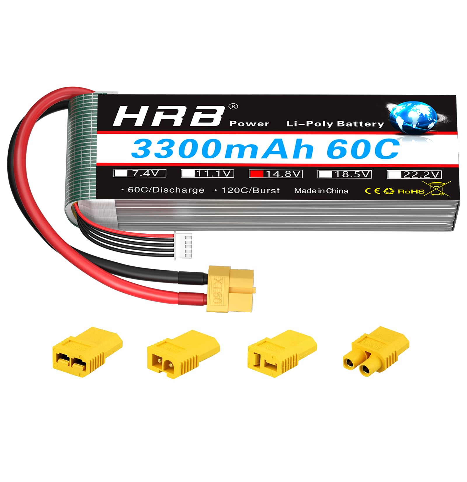 HRB 4S 3300mAh Lipo Battery 60C 14.8V RC Lipo Battery Pack with XT60 Plug Compatible with RC Airplane RC Helicopter RC Car RC Tr