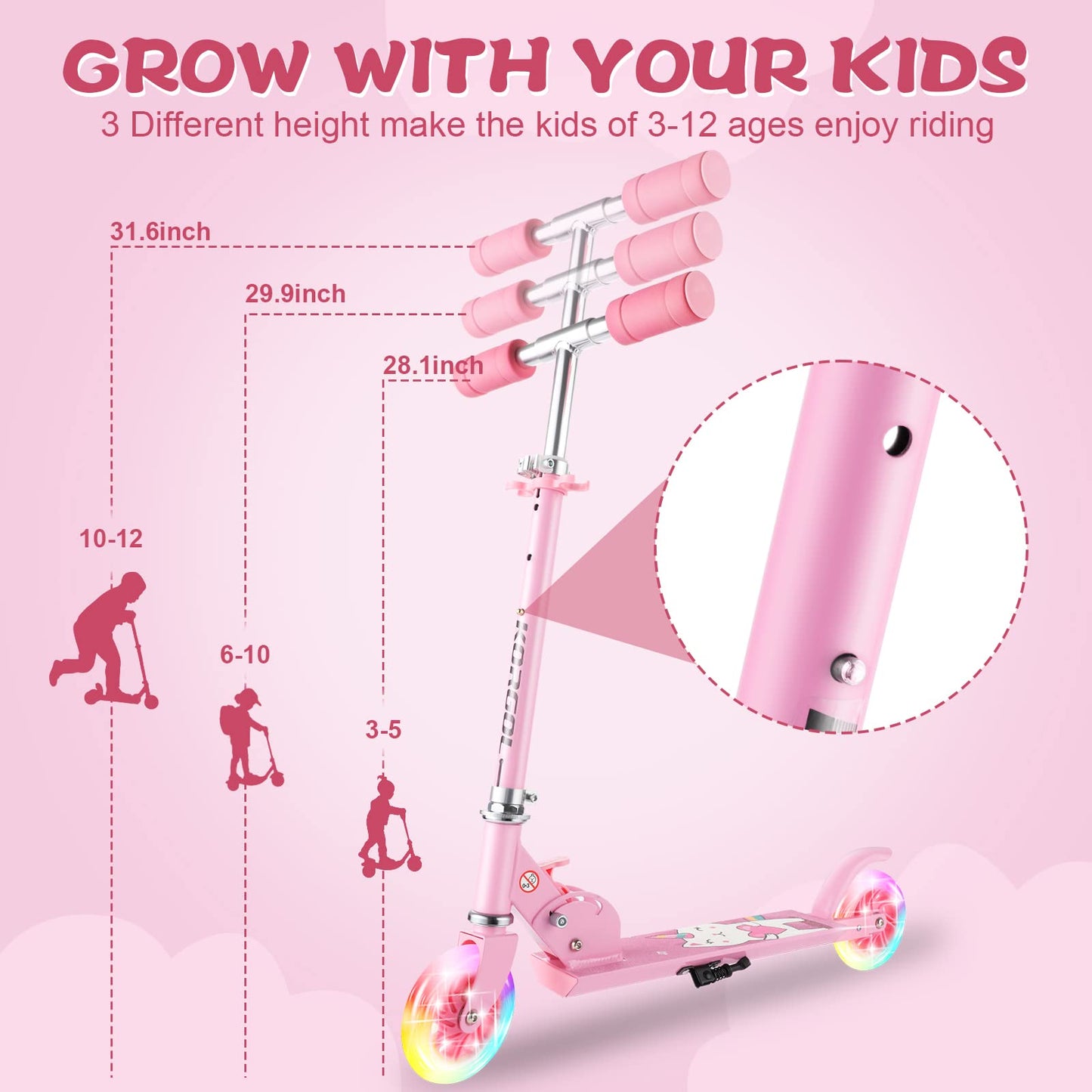 Scooter for Kids Ages 3-10 - Kids Kick Scooters with Led Light Up Wheels & 3 Levels Adjustable Handlebar, Lightweight Foldable 2