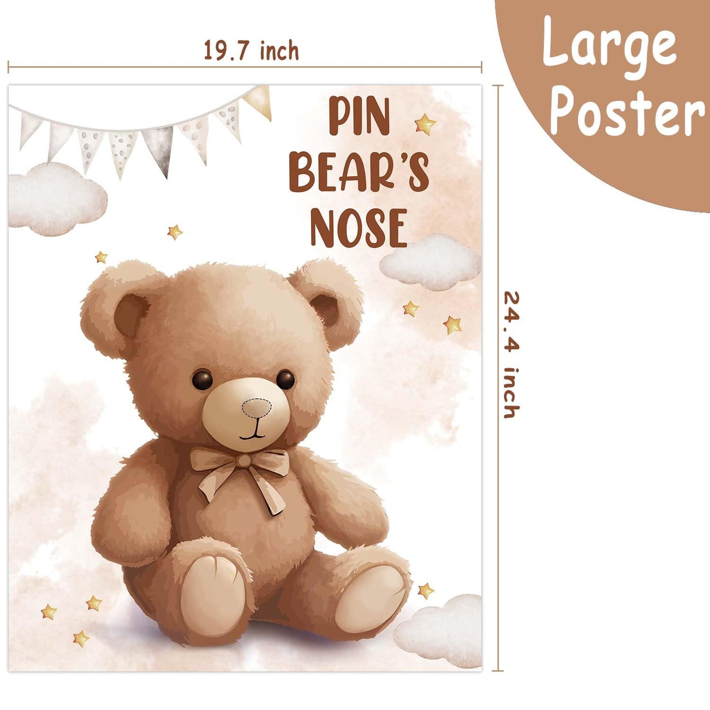 Pin The Noses On The Bear,Teddy Bear Party Game,Large Poster Wiht 24Pcs Noses Stickers For Kid'S Birthday Baby Shower Theme