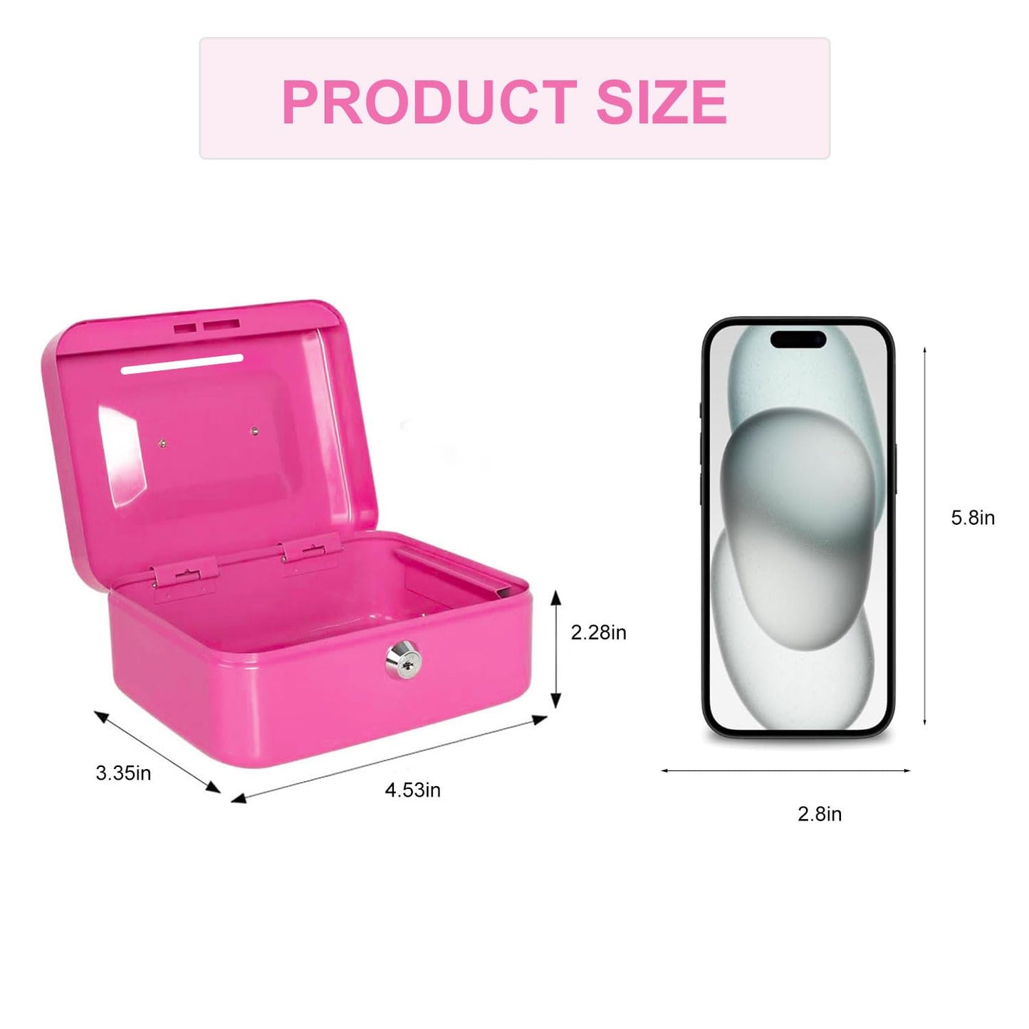 Locking Steel Mini Cash Box, Small Safe Lock Box with Portable Handle, Money Bank Without Money Tray, Cash Coin Can for Kids, 4.