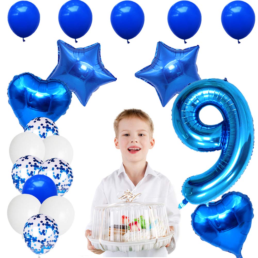 Huture 9 Birthday Party Supplies Blue Number 9 Foil Balloon Happy Birthday Banner Kit 9Th Birthday Decoration White Blue Latex C