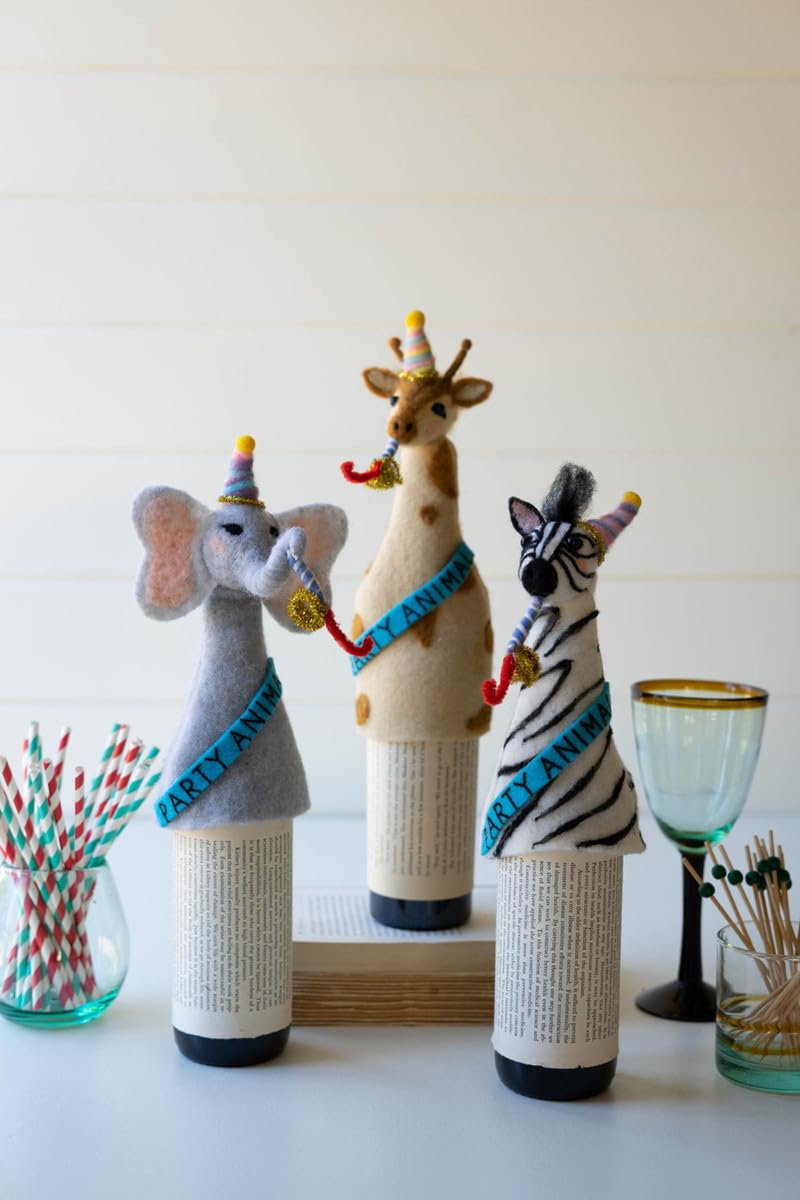 Kalalou Chb2365 Set Of Three Felt Party Animal Bottle Toppers - One Each Design
