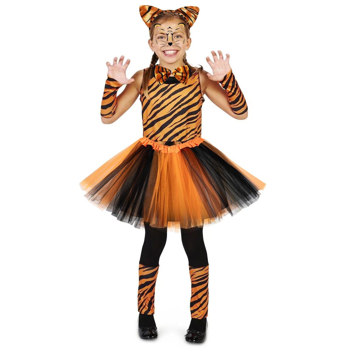 BROMZ Kids Tiger Costume Set - 5 Pcs with Ears Headband, Tail, Bowtie, Tutu & Face Sticker for Halloween Party, One Size