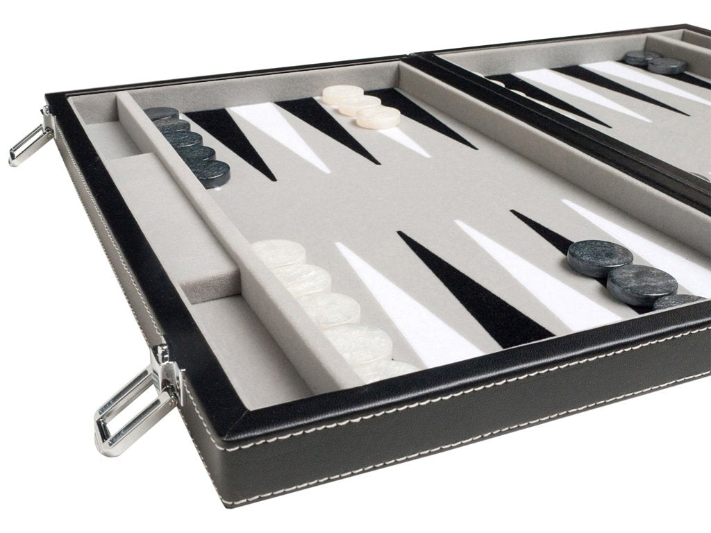Middleton Games Travel Backgammon Set - 15-inch Leatherette & Velvet, Black/Grey