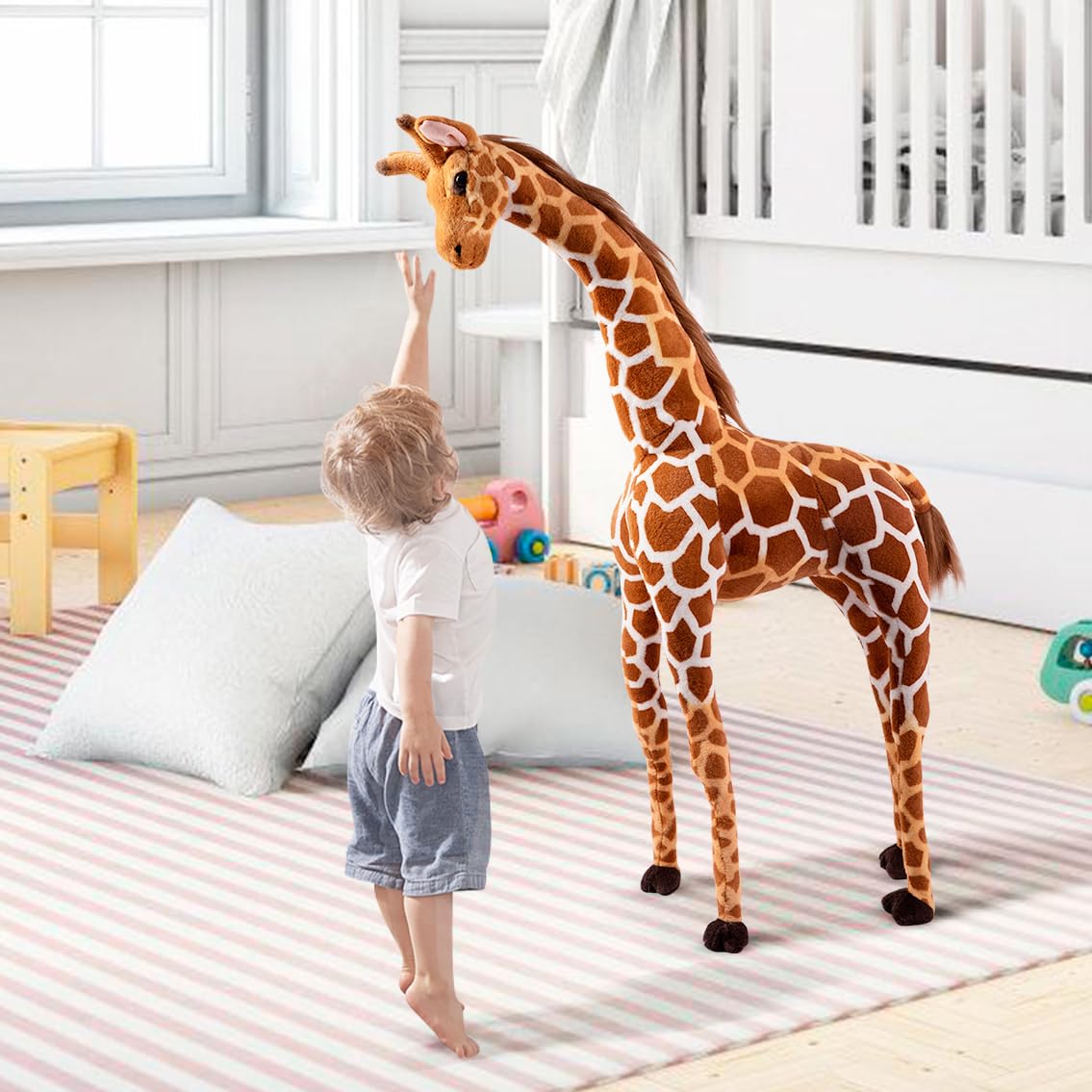Ohkids 47    Large Giraffe Stuffed Animal Set, Giant Giraffe Plush Toys W/Birds, Leaves, Basket, Tall Giraffe Toy Standing Lifel