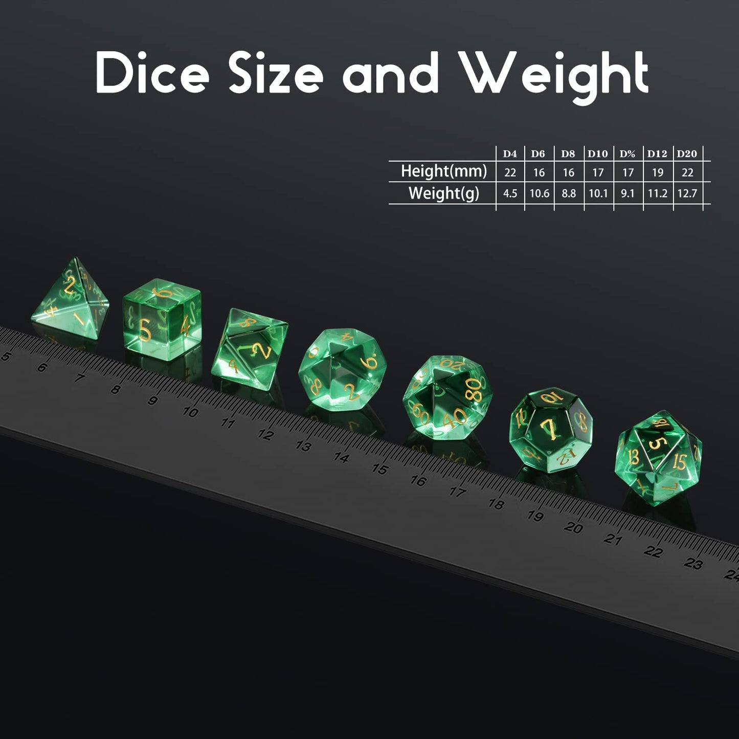 D&D Dice, Dndnd 7 Piece Zircon Glass Dice Set With Great Gift Box For Dungeons And Dragon Dnd Tabletop Game (Green Glass With Go